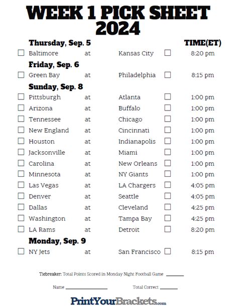 Nfl Printable Weekly Schedule